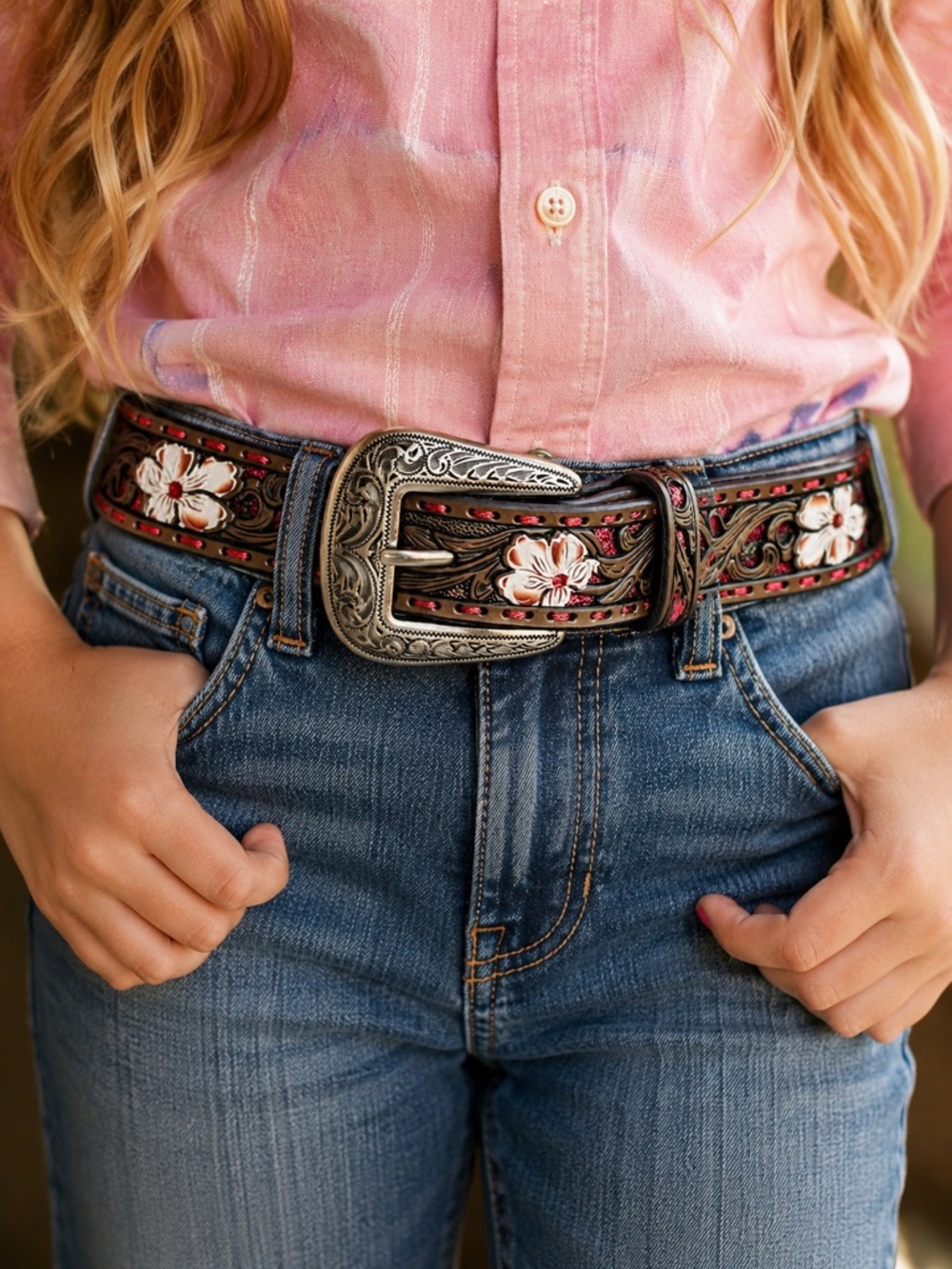 Shyanne Girl’s 26 Tooled Leather Pink Floral Glitter Underlay Western Belt NWOT